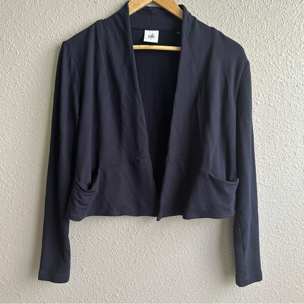 Cabi Easy Topper navy modal cotton cropped flyaway open cardigan knit‎ sweater